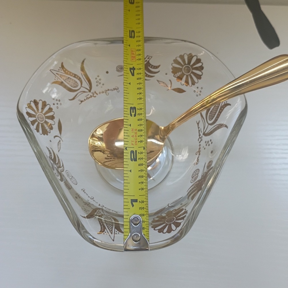 MCM Georges Briard Gold Floral Glass Bowl Jacobean Flowers W/ Gold Spoon - Picture 16 of 16